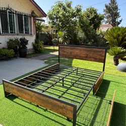 Heavy-Duty Queen Bed Frame with 4 Drawers, Metal Storage Platform with Wooden Headboard