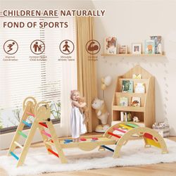 Pikler Triangle Set with Cushion, Toddler Climbing Toys Indoor, Baby Climbing Gym, Climbing Toys for Toddlers 1-4 Inside, Montessori Climbing Set, 9 C
