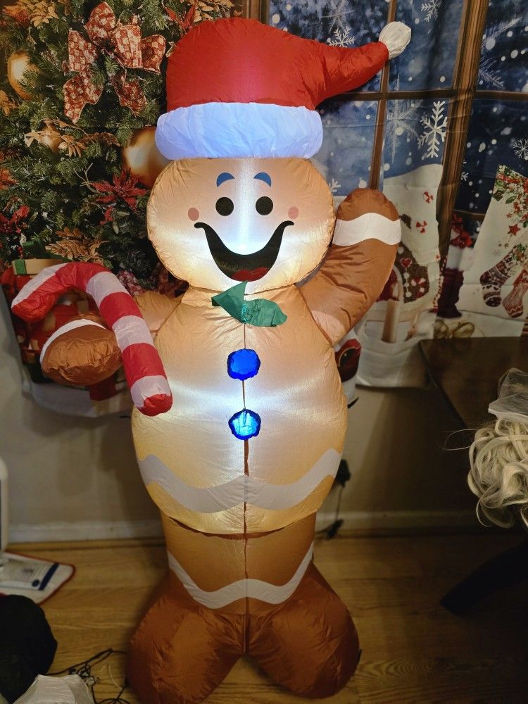 5 FT Christmas Inflatable Outdoor Decorations, Christmas Blow Ups Gingerbread Man Yard Decorations with Candy Canes, Cute Xmas Outdoor Gingerbread In
