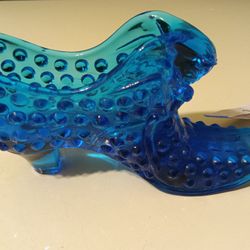 Vintage Fenton Blue  Glass Hobnail  Cat's head Shoe 6x2 And 1/2 In