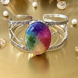 Rainbow Solar Quartz 925 Sterling Silver Overlay Handcrafted Adjustable Cuff