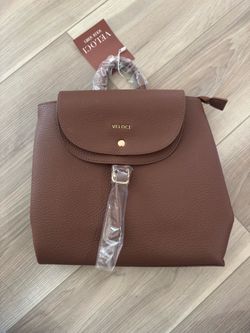 Veloci Soleil Series brown pebbled leather backpack with gold hardware.