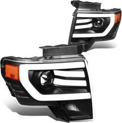 09 - 14 Ford F150 Raptor SVT Black Amber Projector Headlights With 3D LED Running Light Bar DRL