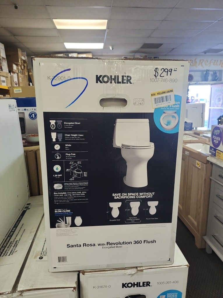 KOHLERSanta Rosa 12 in. Rough In 1 Piece 1.28 GFP Single Flush Elongated Chair Height Toilet in White with Soft Close Seat
