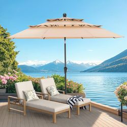 10 FT Patio Umbrella, 3 Tier Outdoor Table Umbrella with 8 Sturdy Glass Fiber Ribs and Push Button Tilt, Outdoor Patio Umbrellas for Market Pool Garde