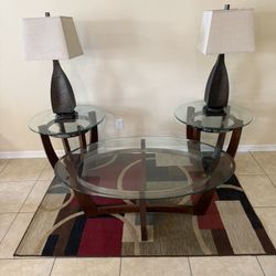 Modern Glass Coffee Table Set – 3 Pieces , Area Rug & 2 Lamps (Coffee Table + 2 End Tables)