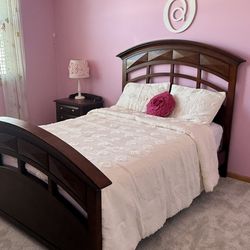 Bedroom furniture- full size bed, dresser with mirror, nightstand-wood, manufactured by high quality Hooker brand.