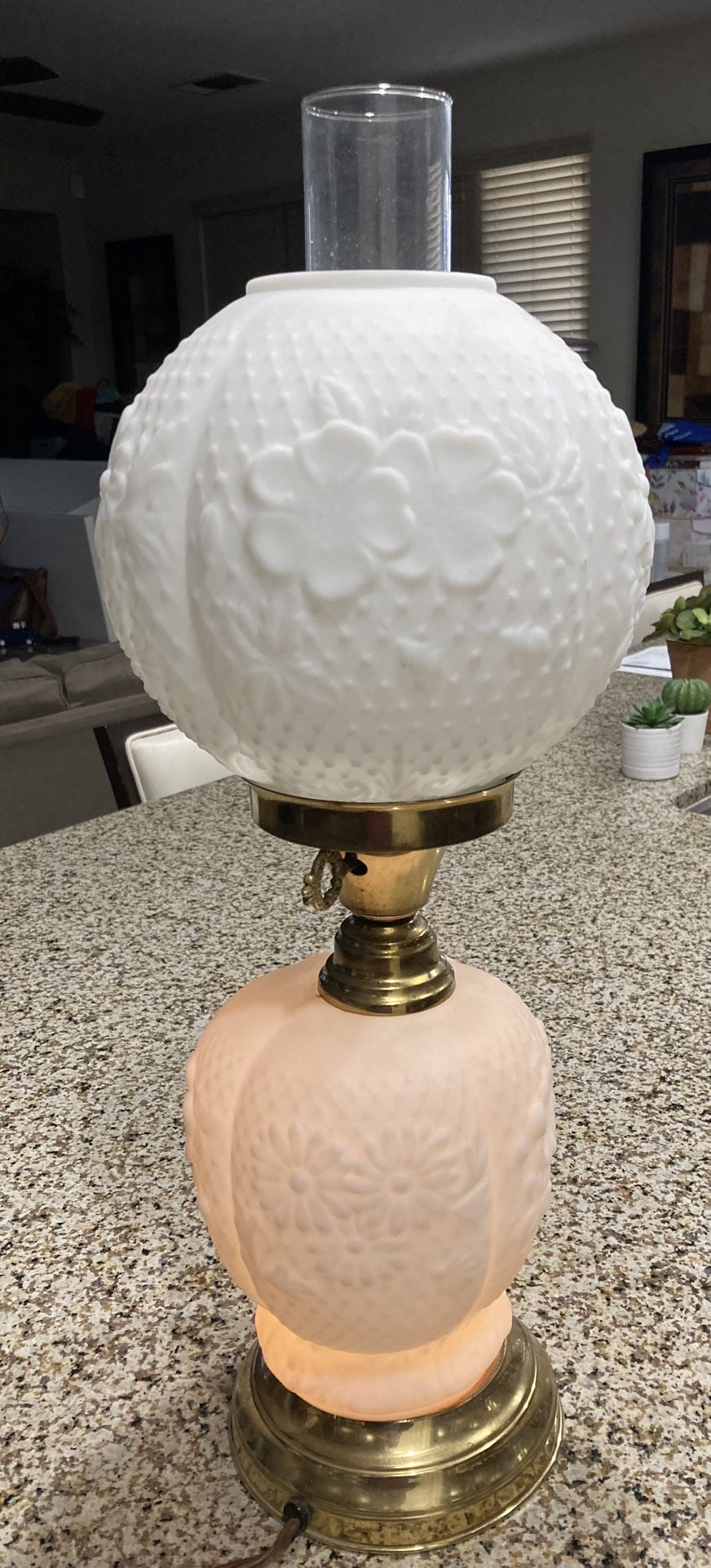 Antique Milk Glass Lamp With Brass Accents