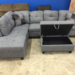 Grey Blue Linen Sectional Couch And Ottoman