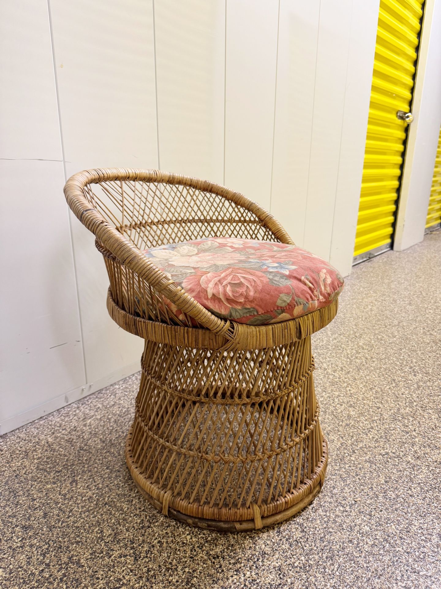 Vintage Small Round Woven Rattan Chair w/ Floral Cushion