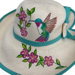 Montecristi Panama Hat with Hummingbird  hand painted Design Size M 