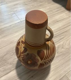 Mexican hand painted water jug with cup clay