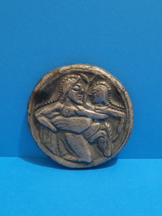Vintage Greek Hand Made Metal Thasos Satyr And Nymph Coin Medallion
