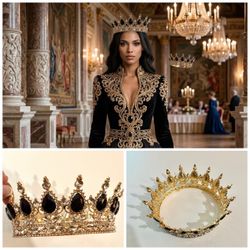 Goth Baroque Crown, Black Crystal Tiara Gold Alloy Queen Gold Crown Tiara with Black  Crystals wedding quinceañera bridal hair
