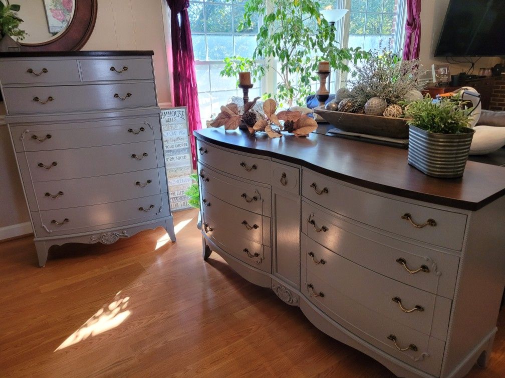 Matching Vintage Double Bowfront Dresser & Chest of Drawers Gray with Mocha Stained Tops Gorgeous Set