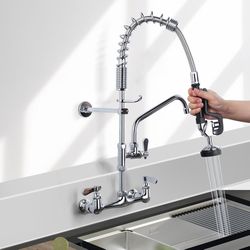 Commercial Kitchen Faucet Wall Mount with Pre-Rinse Sprayer 25Inch

