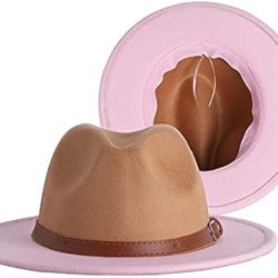 Men Women Two Tone Classic Wide Brim Fedora Hat Brown Pink with Belt
 One Size