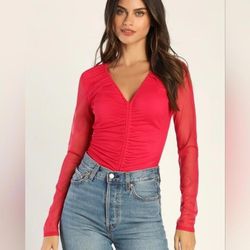 Lulus Winning Vibes Hot Pink Mesh Ruched Long Sleeve Bodysuit Size M