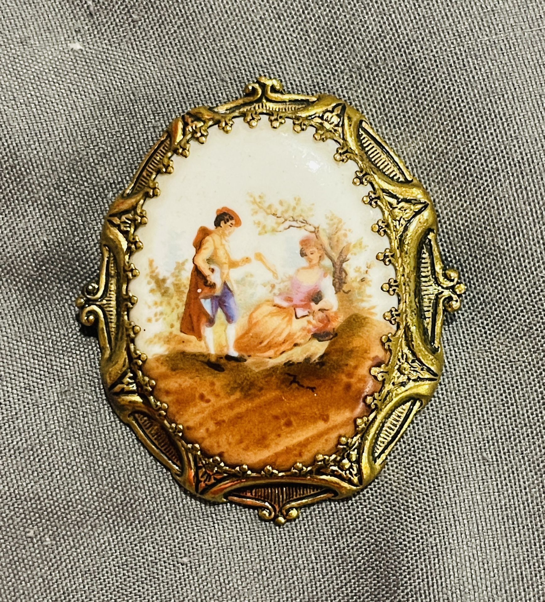 Antique Victorian Courting Couple Porcelain Brass Pin Brooch