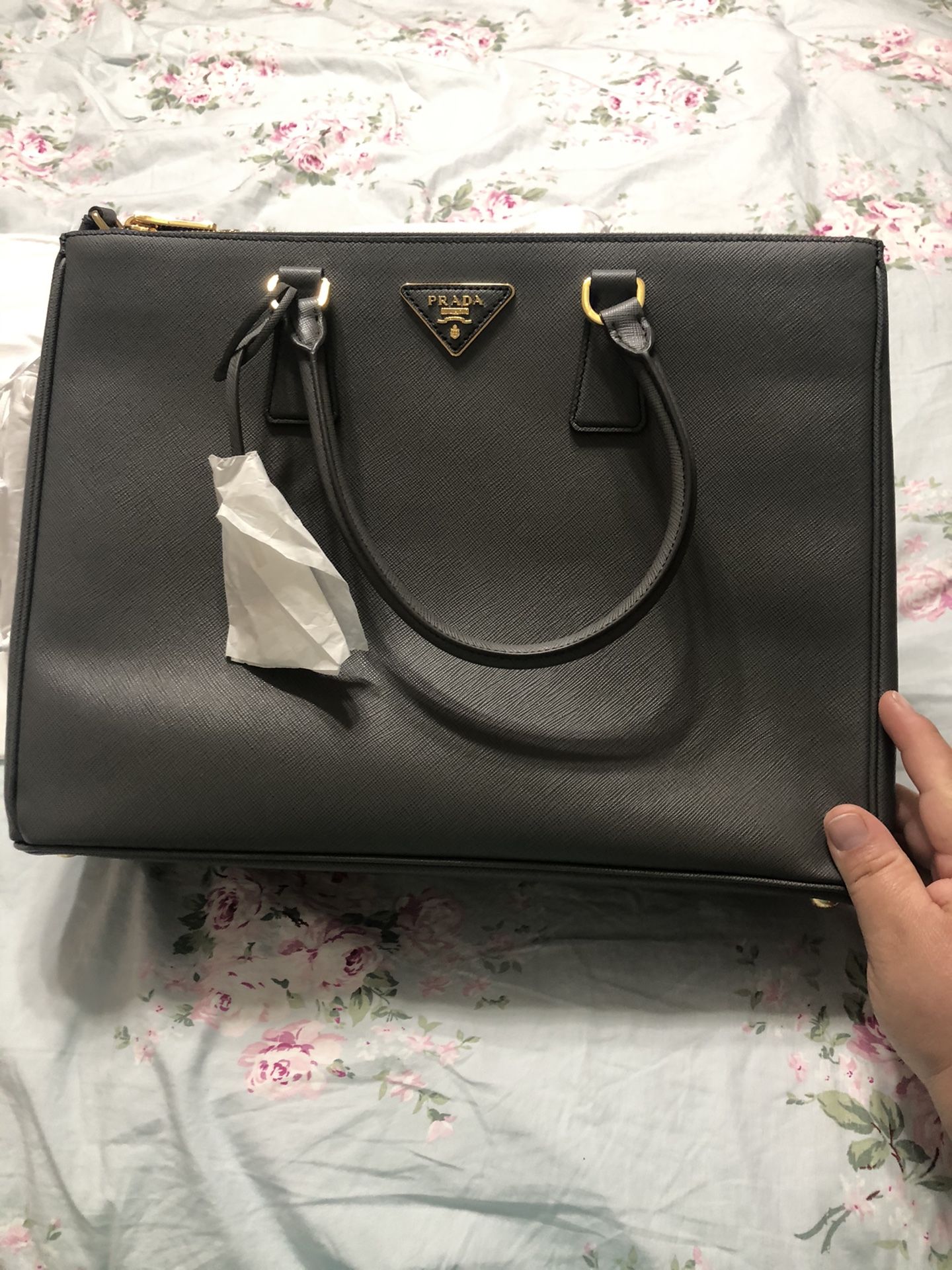 New Auth PRADA Saffiano Lux Double Zip 1BA786 Granito Large Tote Handbag