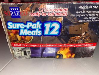 SURE-PAK MILITARY STYLE MRE CASE 12 MEALS READY TO EAT MRE W HEATERS-SOPAKCO
