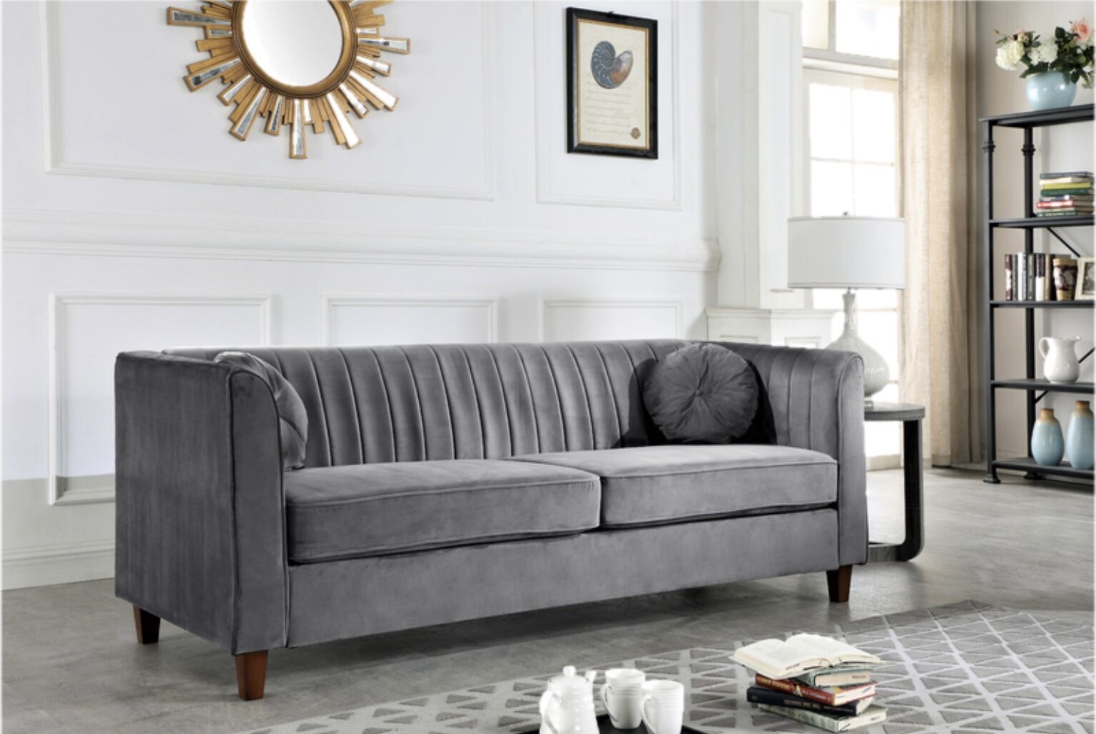 Grey Channel Back Velour Sofa - Brand New In Box