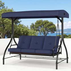 3-Seat Patio Swing Chair, Outdoor Converting Canopy Swing Glider Patio Hammock w/ Removable Cushions, Blue
