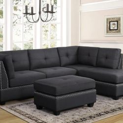 Sienna - Grey Linen Sectional + Ottoman Set FAST Delivery

