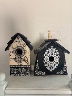 Black and white wooden bird houses