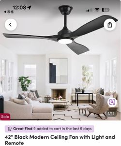 42" Modern Black Ceiling Fan with LED Light and Remote Control