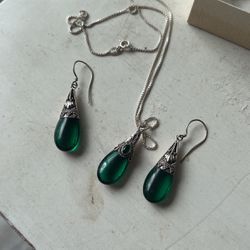 Sterling Silver Green Onyx Necklace Earring Set