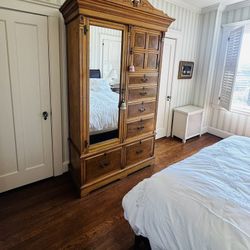 Vintage French Provincial Armoire With Beveled Mirror, Brass Hardware & Hidden Wardrobe Compartment