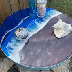 Round Costal Side Or Coffee Table With Resin HanD Poured 