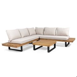 Sebastian 4pc Outdoor Acacia Wood 5 Seater Sofa Sectional with Cushions - Teak/Beige - Christopher Knight Home: UV & Water-Resistant Patio Set