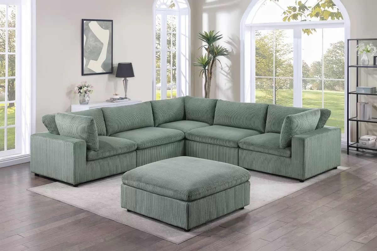 Green Corduroy Sectional Sofa With Ottoman