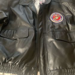 Leather Jacket American Pilot Style With Marines Emblem