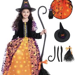 🆕 Poshetion Witch Halloween Costume for Girls, Light Up Witch Dress Deluxe Outfit with Hat and Broom, for Halloween Party