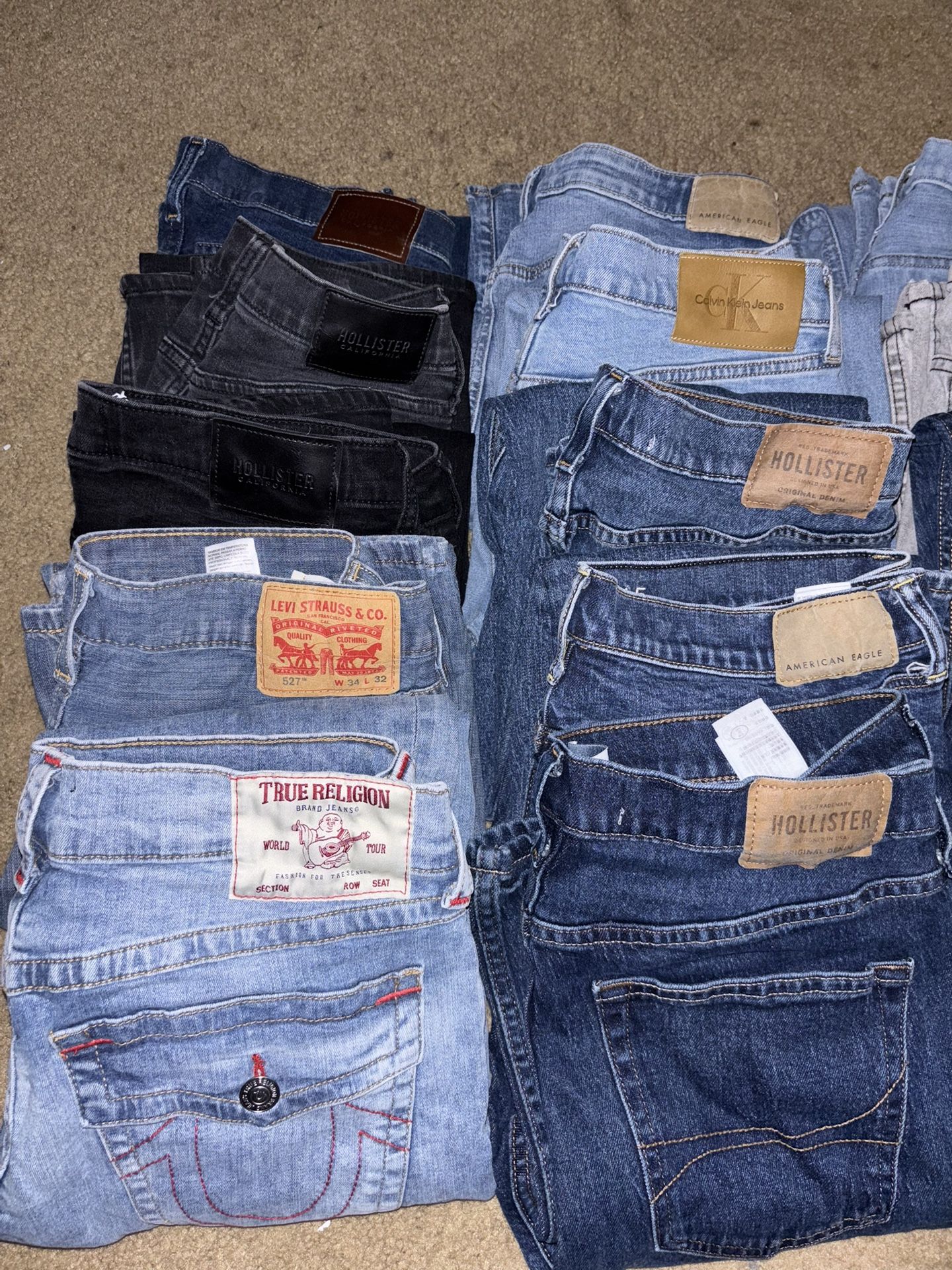 Hollister, Levis, Calvin Klein, True Religion, American Eagle, Cinch, & Harley Davidson jeans for sale