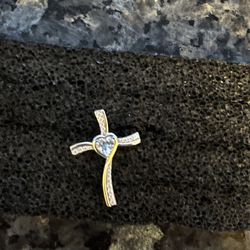 Beautiful Sterling Silver Cross Cubic Zirconia With Aquamarine Heart Pendant 