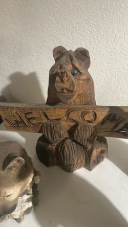 Carved Wooden welcome bear 12 inches tall, black bear 14 inches cat and wolf about 8 inches tall