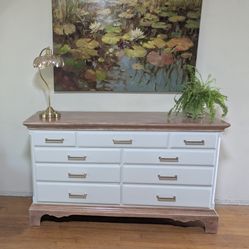 Solid Wood 9 Drawer Dresser – Refinished White & Natural Wood – Brass Pulls