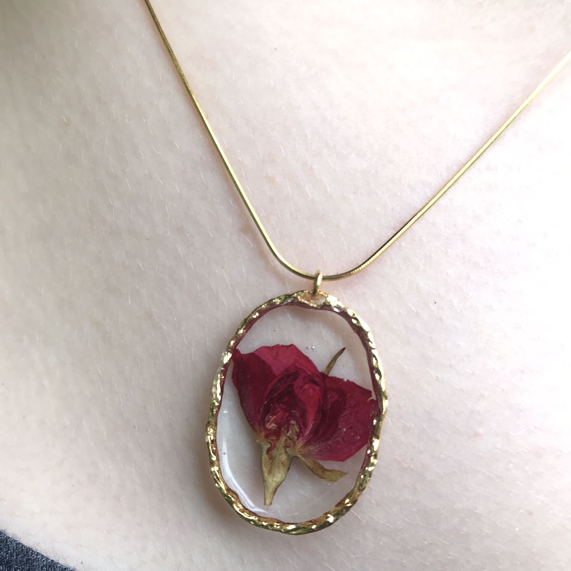 Handmade Dried Rose Gold Tone Wire Wrapped Pendant Necklace Dried Flower