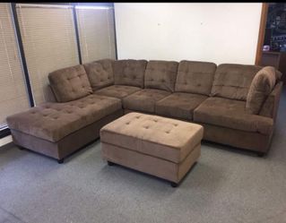 New Chocolate Brown Sectional Sofa Chenille Couch With Large Storage Ottoman 
