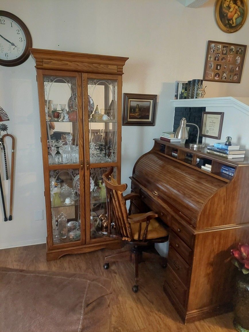 Roll Top Desk And China Cabinet
