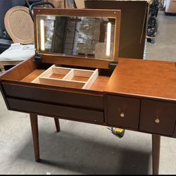 Makeup Vanity Table with Mirror and 3 Lighting Modes, 40 Inch Large Dressing Table Set with 4 Drawers, Solid Wood Vanity Desk for Bedroom (Walnut)