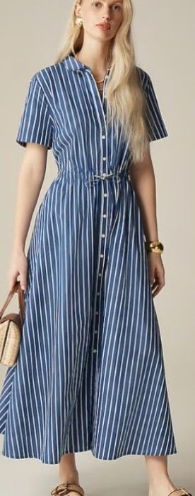 J Crew Cerise Shirt Dress 12 NWT Sea Blue White Stripe CK795 J.Crew Midi Maxi