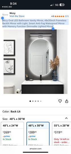 Niccy Oval LED Bathroom Vanity Mirror, 48x30inch Frameless Backlit Mirror with Light, Smart Anti-Fog Waterproof Mirror with Memory Function Dimmable L