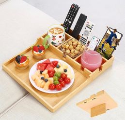 Oversize Couch Tray for Sectional,Bamboo Sofa Insert Tray Full-Coverage Non Slip,Adjustable Position,5 Compartments Storage,Flat Ottoman Table,Snack,R