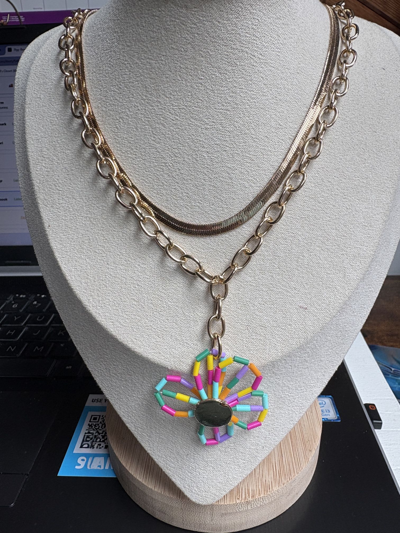 Gold Layered Chain Necklace with Flower Pendant