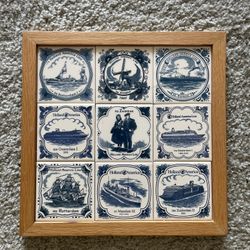 Framed Delft Blue Holland America Line Tile Collection – 9 Piece Set